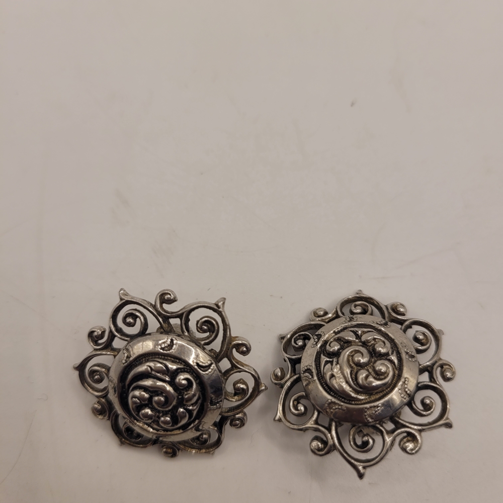 Marino Earrings Clip Signed Silver Tone Mid Century